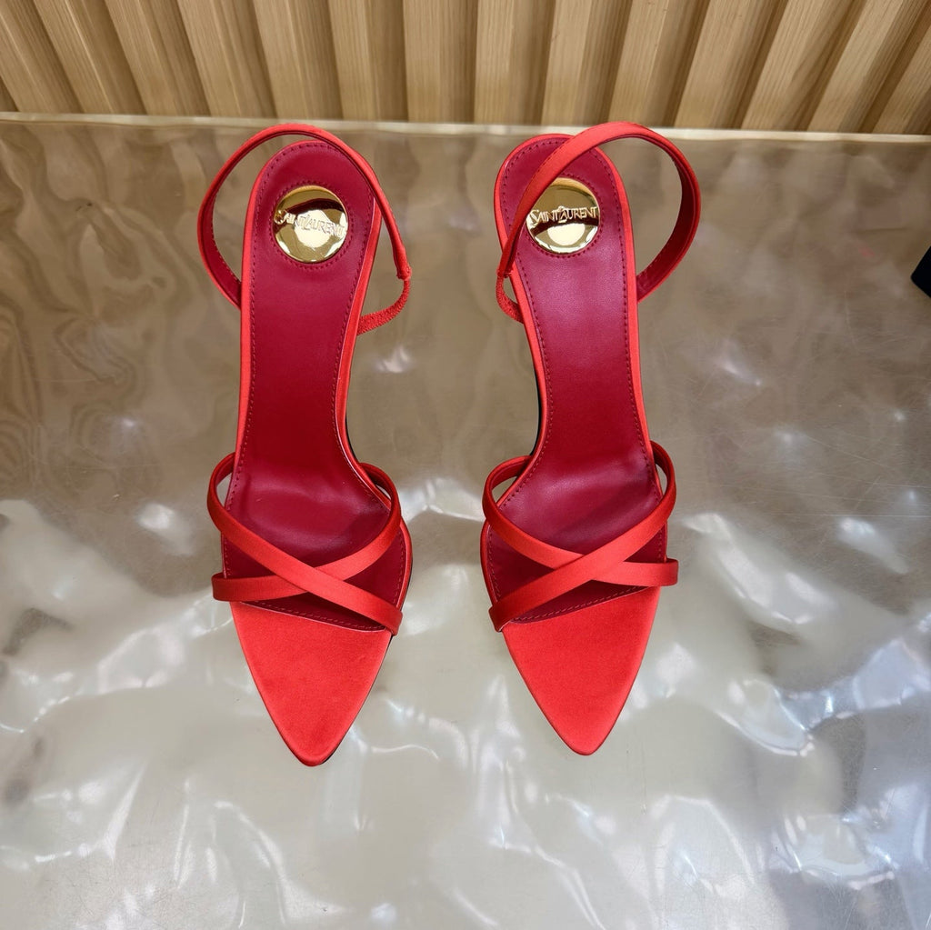 YSL 26S HIGH-HEELED SANDALS 90 MM IN RED SATIN