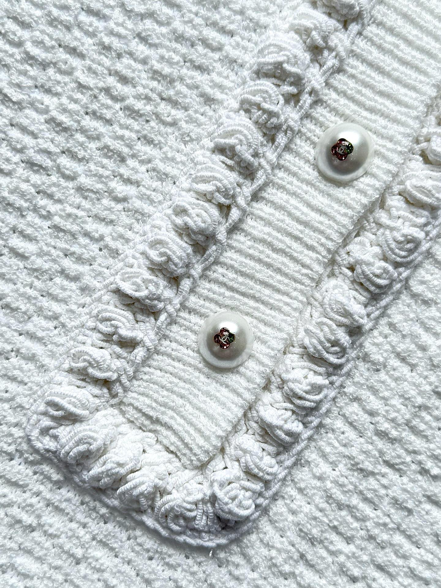 Chanel 25P Long-Sleeve Top White Tweed Pearl Buttons 237299