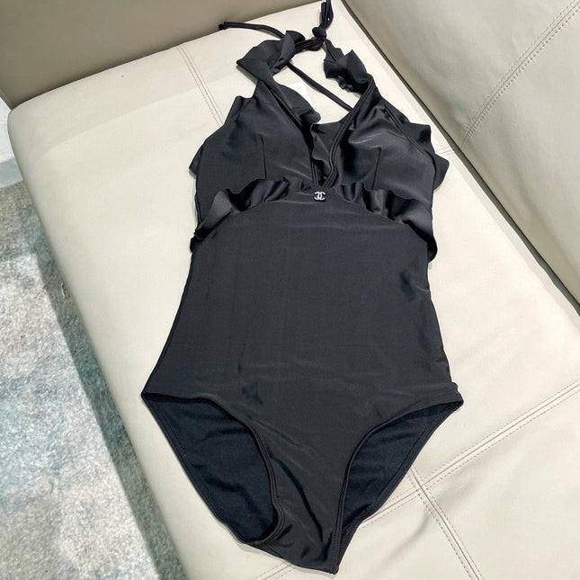 CC BIKINI SWIMSUIT SET BLACK AND RUFFLED TRIM 622180