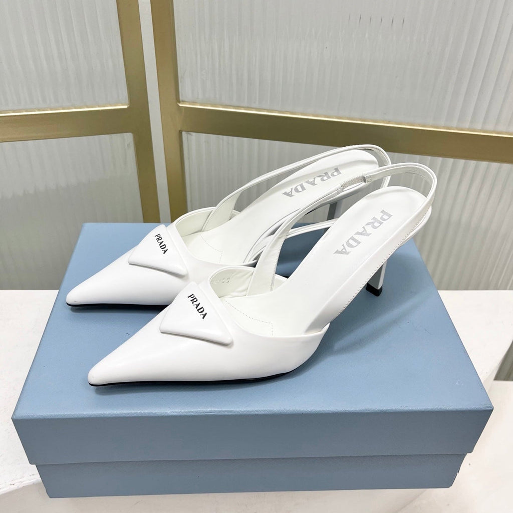 PRADA 26S SLINGBACK HIGH HEEL SANDALS 75MM IN WHITE CALFSKIN WITH LOGO