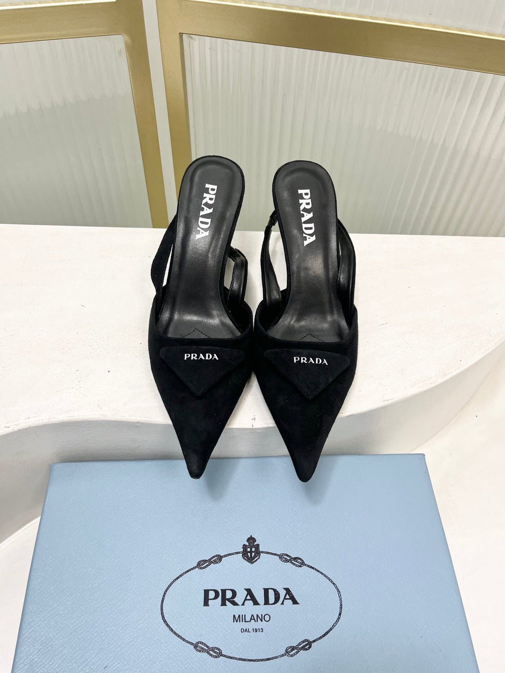 PRADA 26S SLINGBACK HIGH HEEL SANDALS 75MM IN BLACK SUEDE WITH LOGO