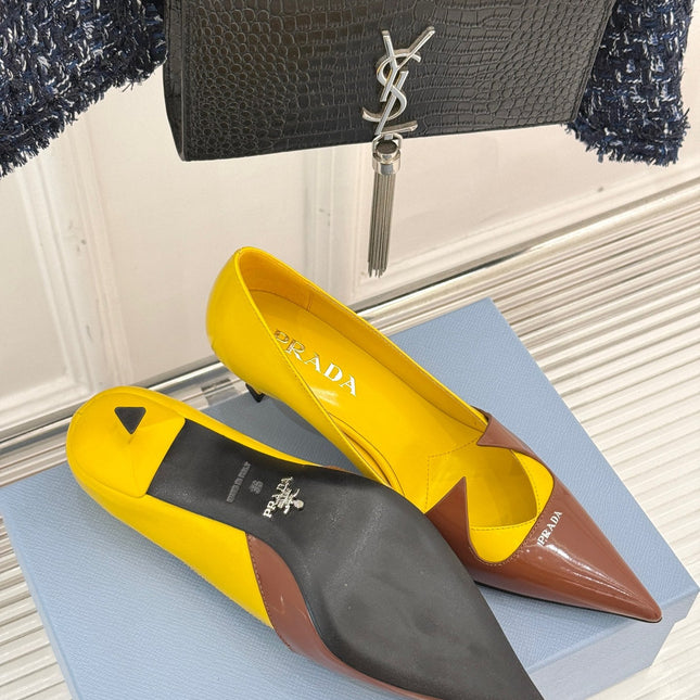 KITTEN HEEL PUMPS IN YELLOW MIX BROWN ORANGE CALFSKIN