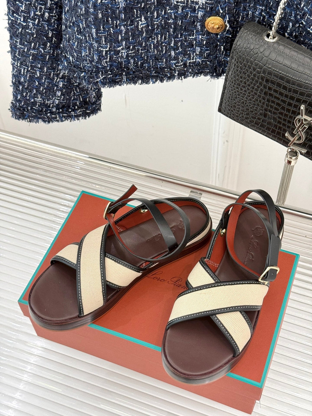 SANDALS THICK SOLE CROSS STRAP IN BEIGE FABRIC AND BROWN CALFSKIN