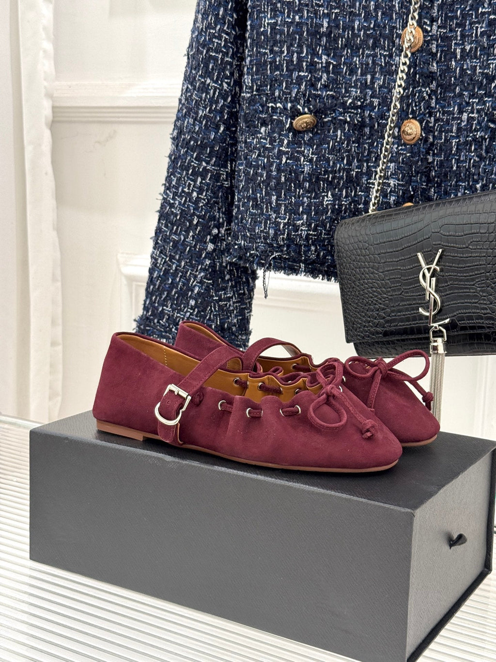 ALAIA 26S MARY JANE FLATS IN DARK RED SUEDE WITH BOW