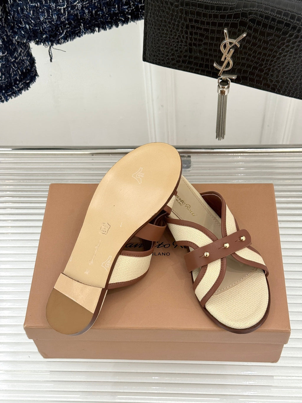 GIANVITO ROSSI 26S STUDDED FLAT SANDALS IN BEIGE CANVAS AND BROWN CALFSKIN