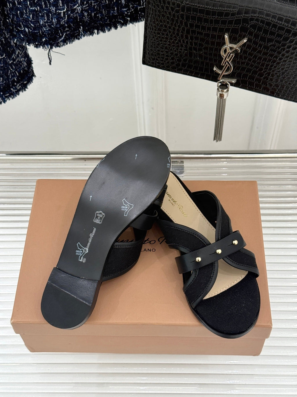GIANVITO ROSSI 26S STUDDED FLAT SANDALS IN BLACK CANVAS AND CALFSKIN