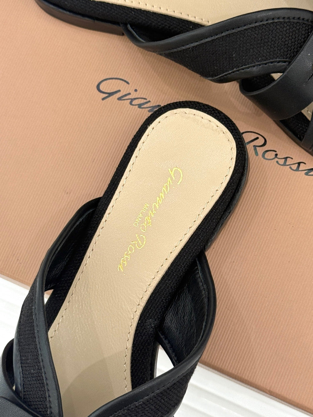 GIANVITO ROSSI 26S STUDDED FLAT SANDALS IN BLACK CANVAS AND CALFSKIN