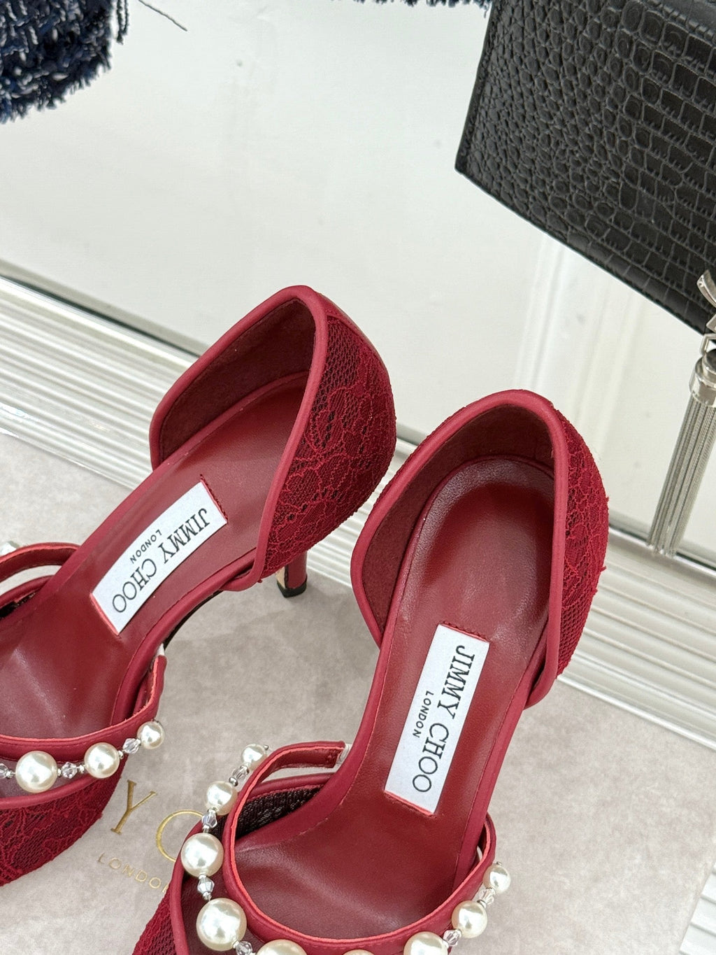 JIMMY CHOO 26S HIGH HEELS 85 MM IN DARK RED LACE PEARL-EMBELLISHED