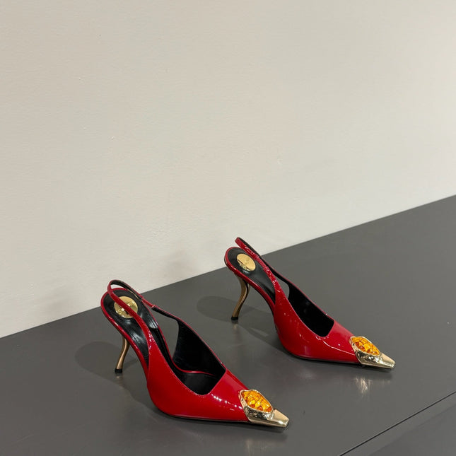 ORANGE GEM-STUDDED SLINGBACK PUMPS IN RED PATENT CALFSKIN