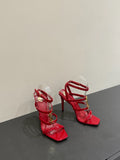 YSL SINGLE-STRAP HEELED SANDALS 25S IN RED LAMBSKIN