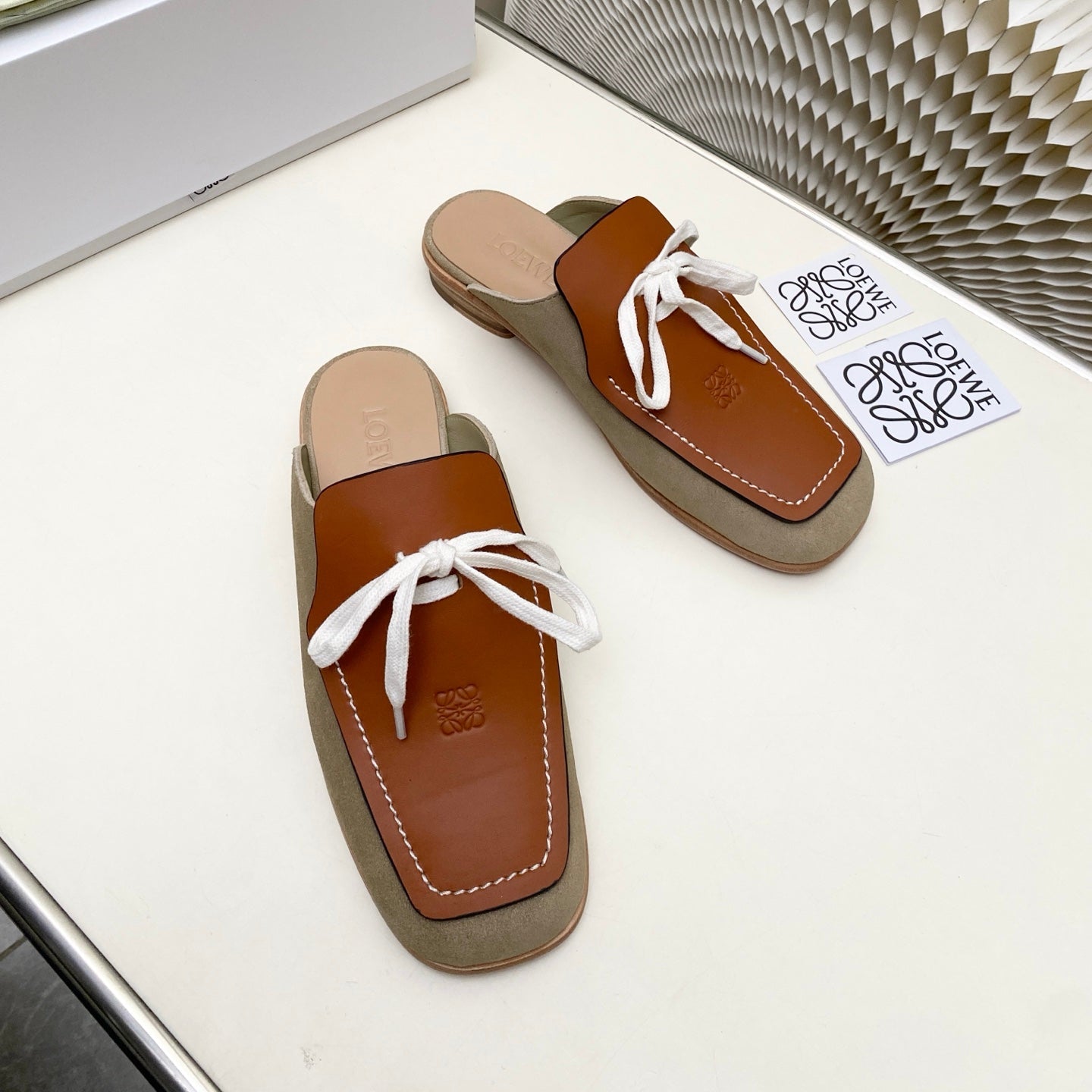 LOEWE 26S FLAT MULES IN BROWN CALFSKIN AND SUEDE