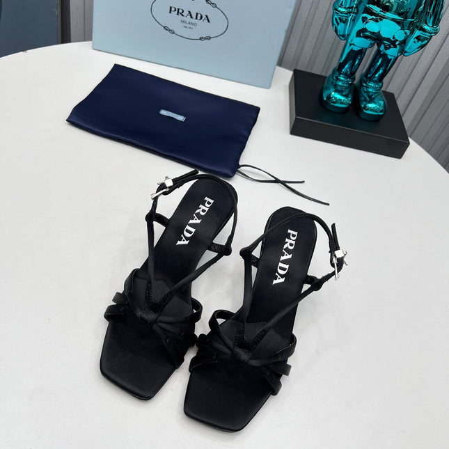 PRADA 26S STRAPPY SANDALS STILETTO HEEL 60MM IN BLACK SATIN