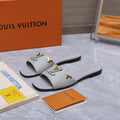 LV 26S FLAT SLIDE SANDALS IN LIGHT GREY CALFSKIN GOLD HARDWARE