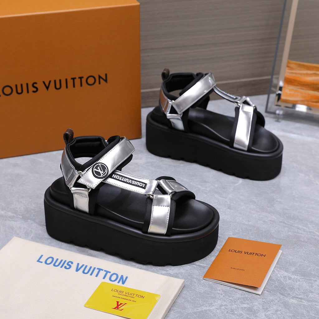 LV 26S CHAMELEON PLATFORM SANDALS 60MM IN SILVER AND BLACK CALFSKIN AND EVA