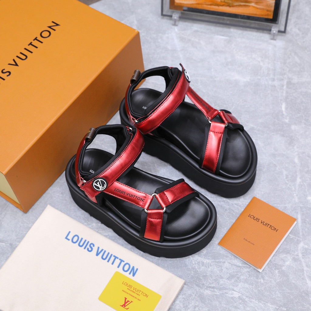 LV 26S CHAMELEON PLATFORM SANDALS 60MM IN DARK RED CALFSKIN AND EVA