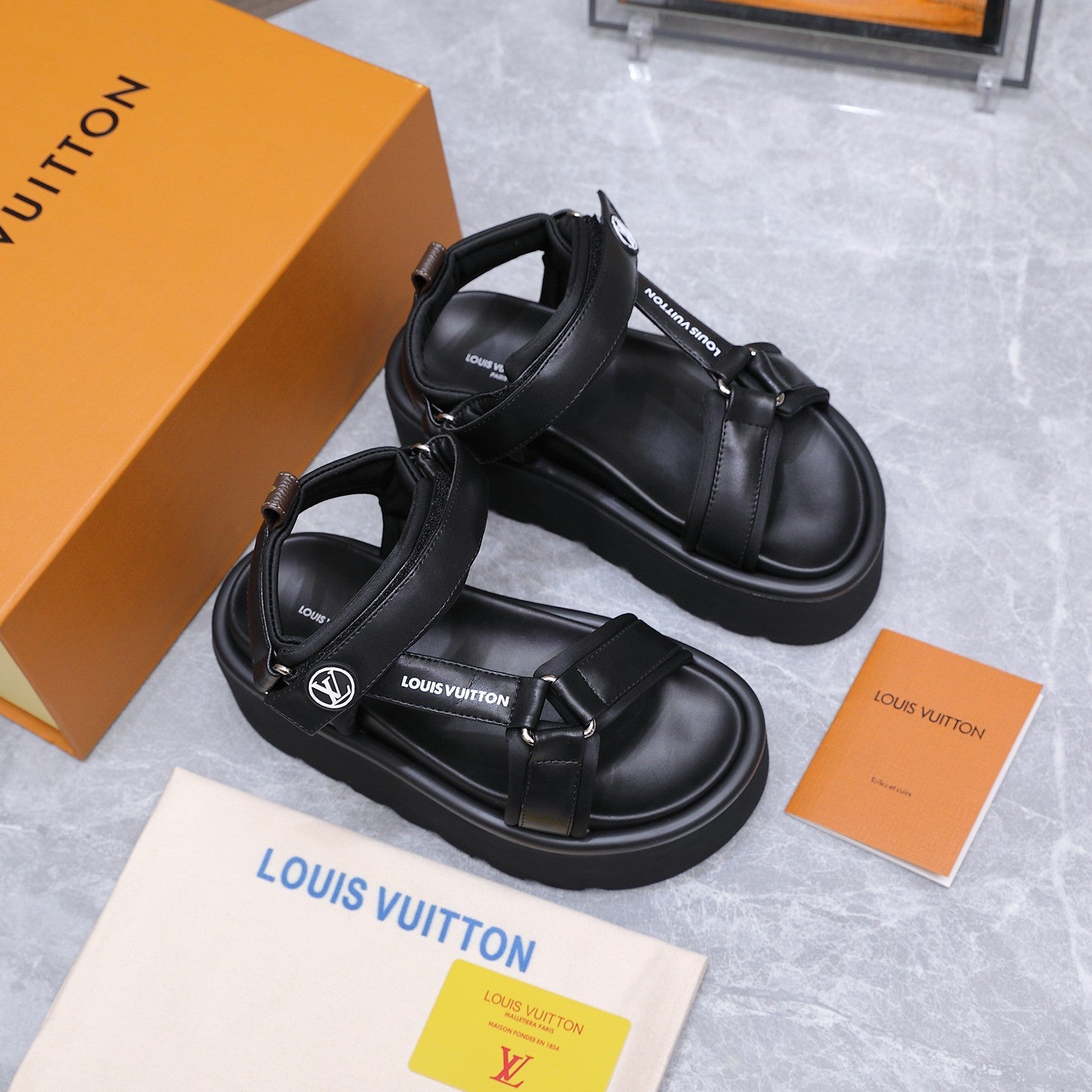 LV 26S CHAMELEON PLATFORM SANDALS 60MM IN BLACK CALFSKIN AND EVA