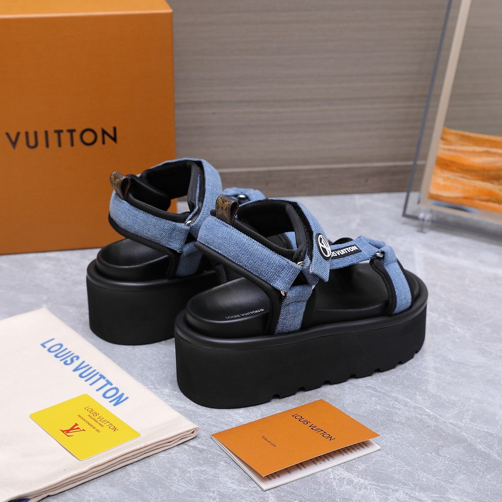 LV 26S CHAMELEON PLATFORM SANDALS 60MM IN BLUE DENIM AND EVA