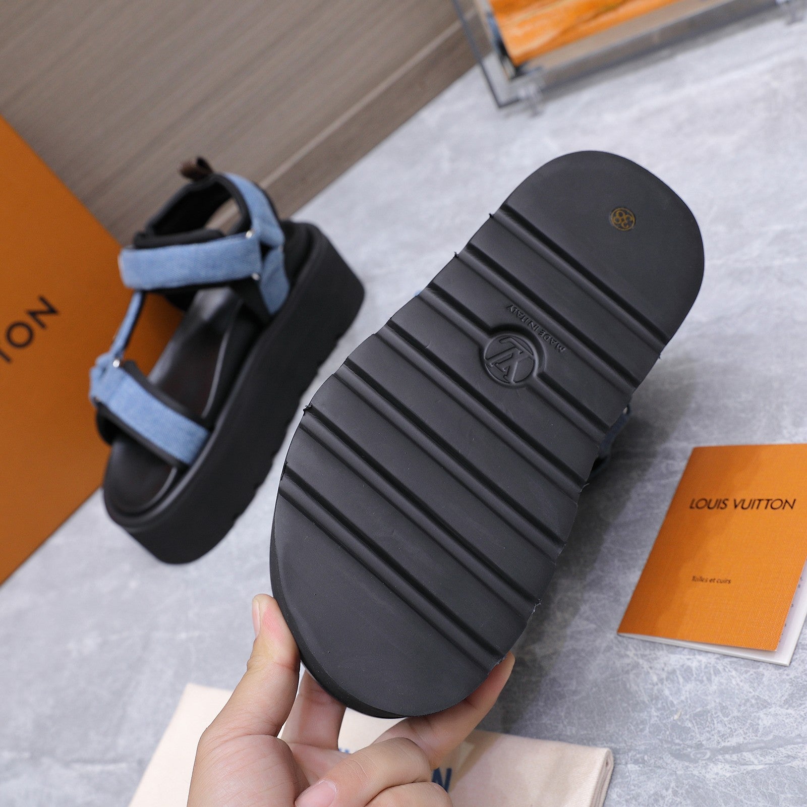 LV 26S CHAMELEON PLATFORM SANDALS 60MM IN BLUE DENIM AND EVA