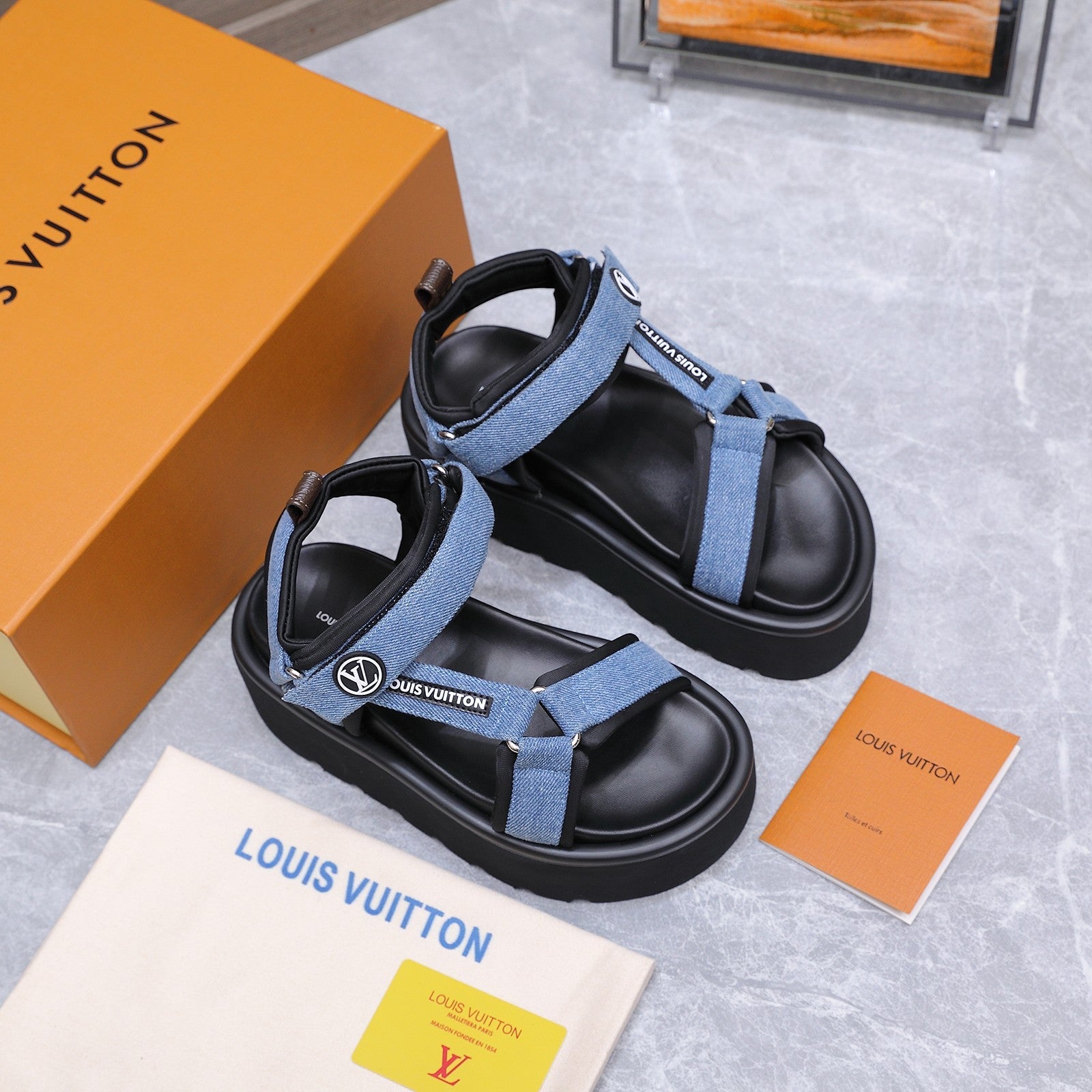 LV 26S CHAMELEON PLATFORM SANDALS 60MM IN BLUE DENIM AND EVA