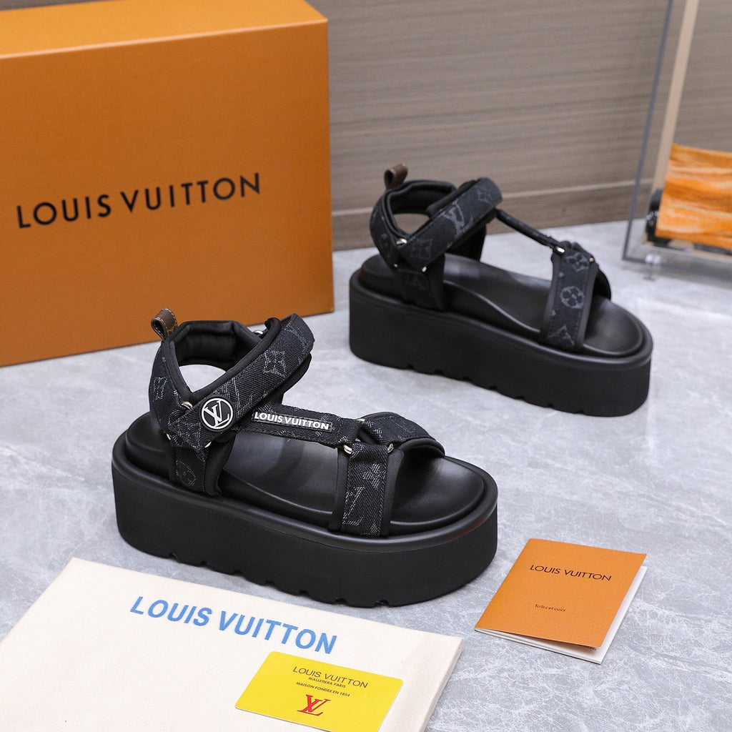 LV 26S CHAMELEON PLATFORM SANDALS 60MM IN BLACK MONOGRAM DENIM AND EVA