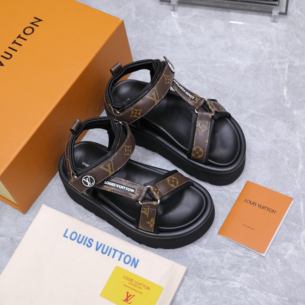 LV 26S CHAMELEON PLATFORM SANDALS 60MM IN DARK BROWN MONOGRAM CALFSKIN AND EVA