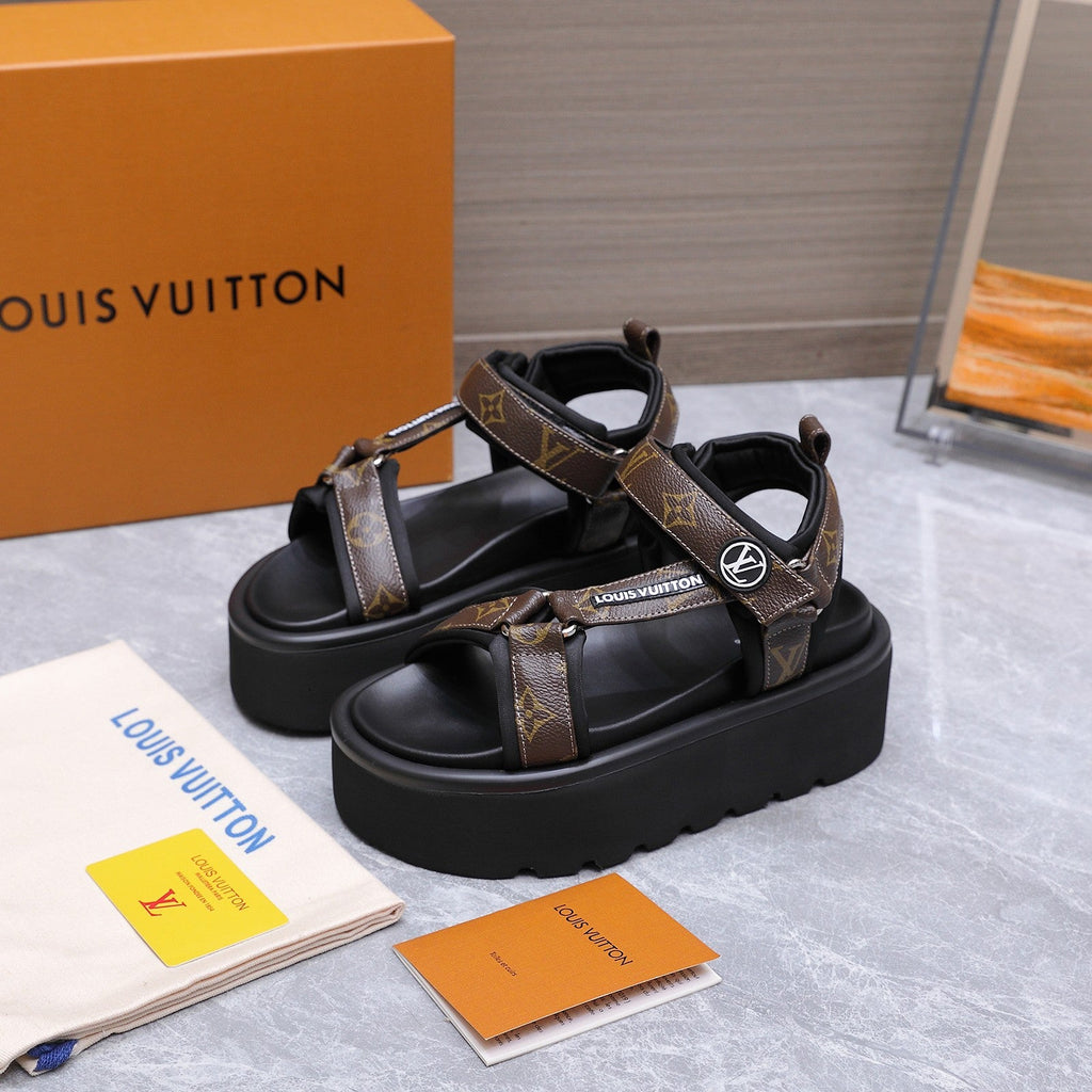 LV 26S CHAMELEON PLATFORM SANDALS 60MM IN DARK BROWN MONOGRAM CALFSKIN AND EVA