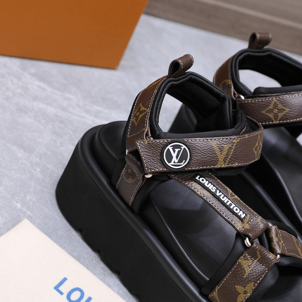 LV 26S CHAMELEON PLATFORM SANDALS 60MM IN DARK BROWN MONOGRAM CALFSKIN AND EVA