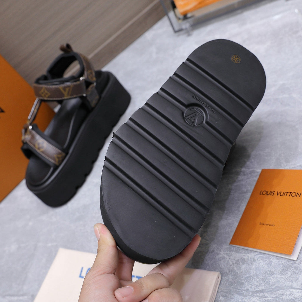 LV 26S CHAMELEON PLATFORM SANDALS 60MM IN DARK BROWN MONOGRAM CALFSKIN AND EVA