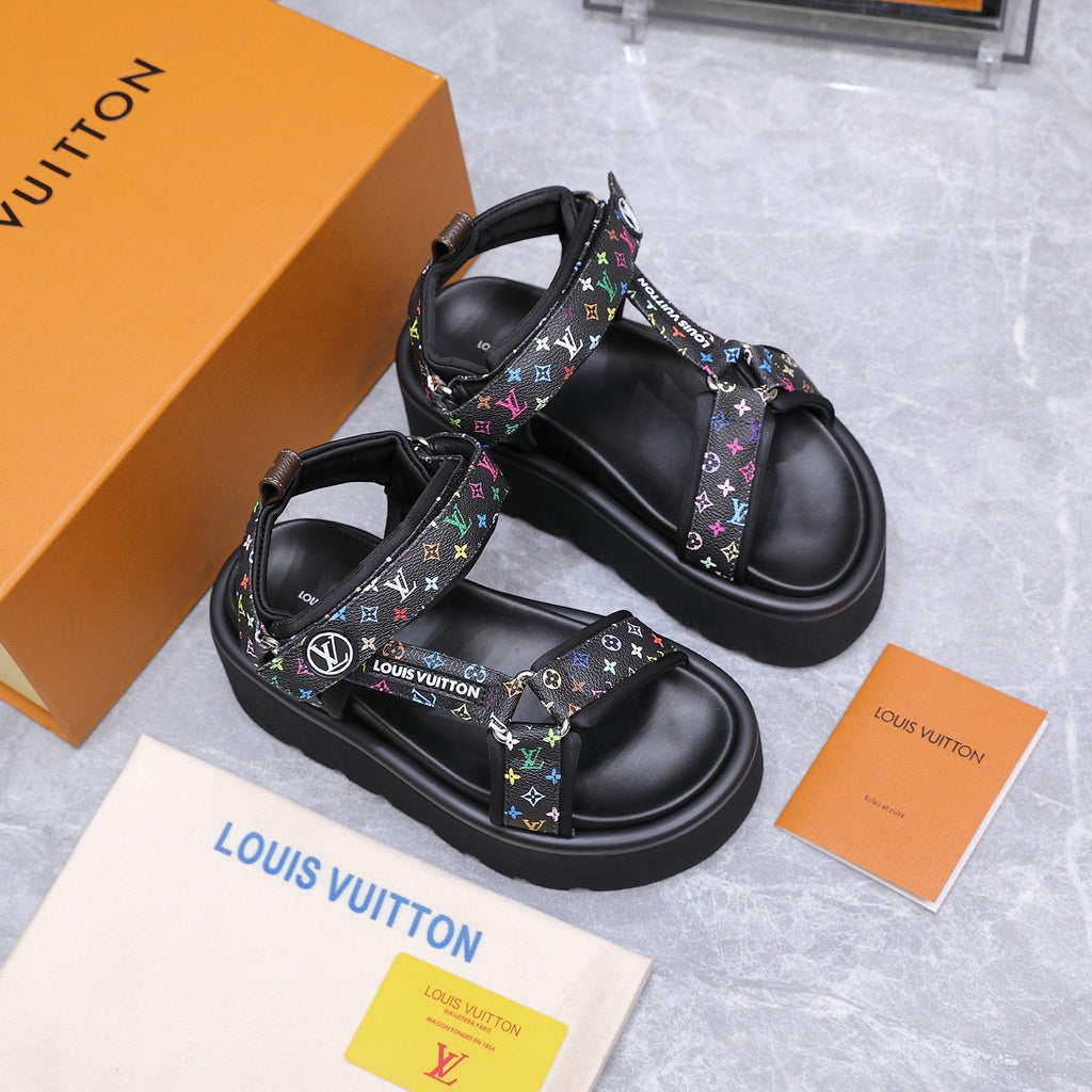 LV 26S CHAMELEON PLATFORM SANDALS 60MM IN BLACK MULTICOLOR MONOGRAM CALFSKIN AND EVA