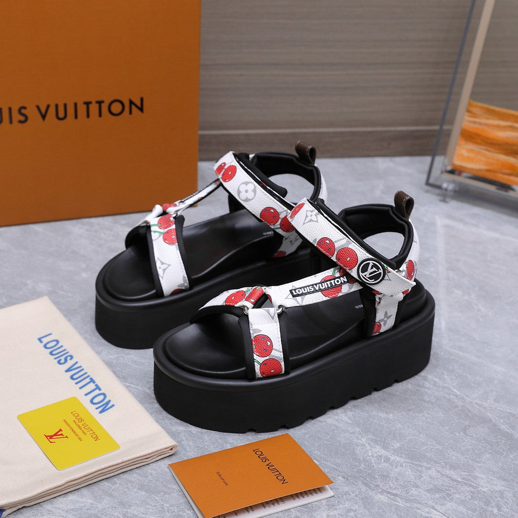 LV 26S CHAMELEON PLATFORM SANDALS 60MM IN WHITE CHERRY MONOGRAM CALFSKIN AND EVA