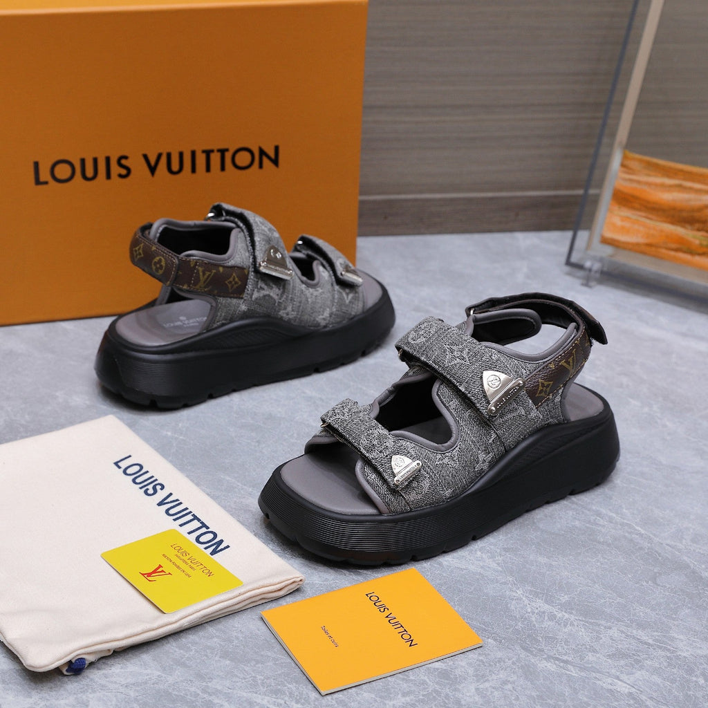 LV 26S CHAMELEON SANDALS 60MM IN GREY MONOGRAM COATED DENIM AND EVA