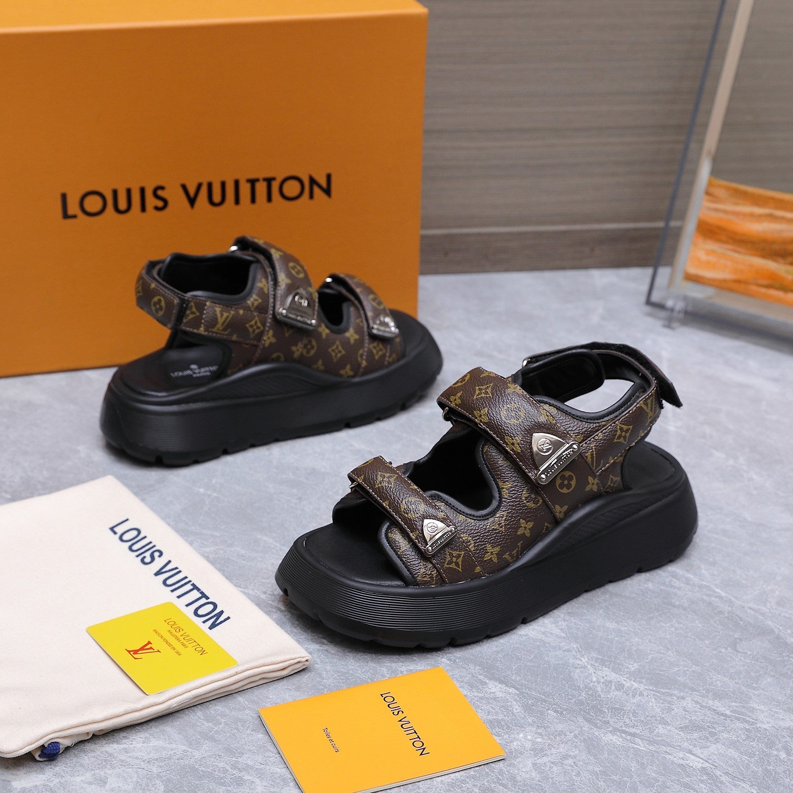 LV 26S CHAMELEON SANDALS 60MM IN DARK BROWN MONOGRAM COATED CALFSKIN AND EVA