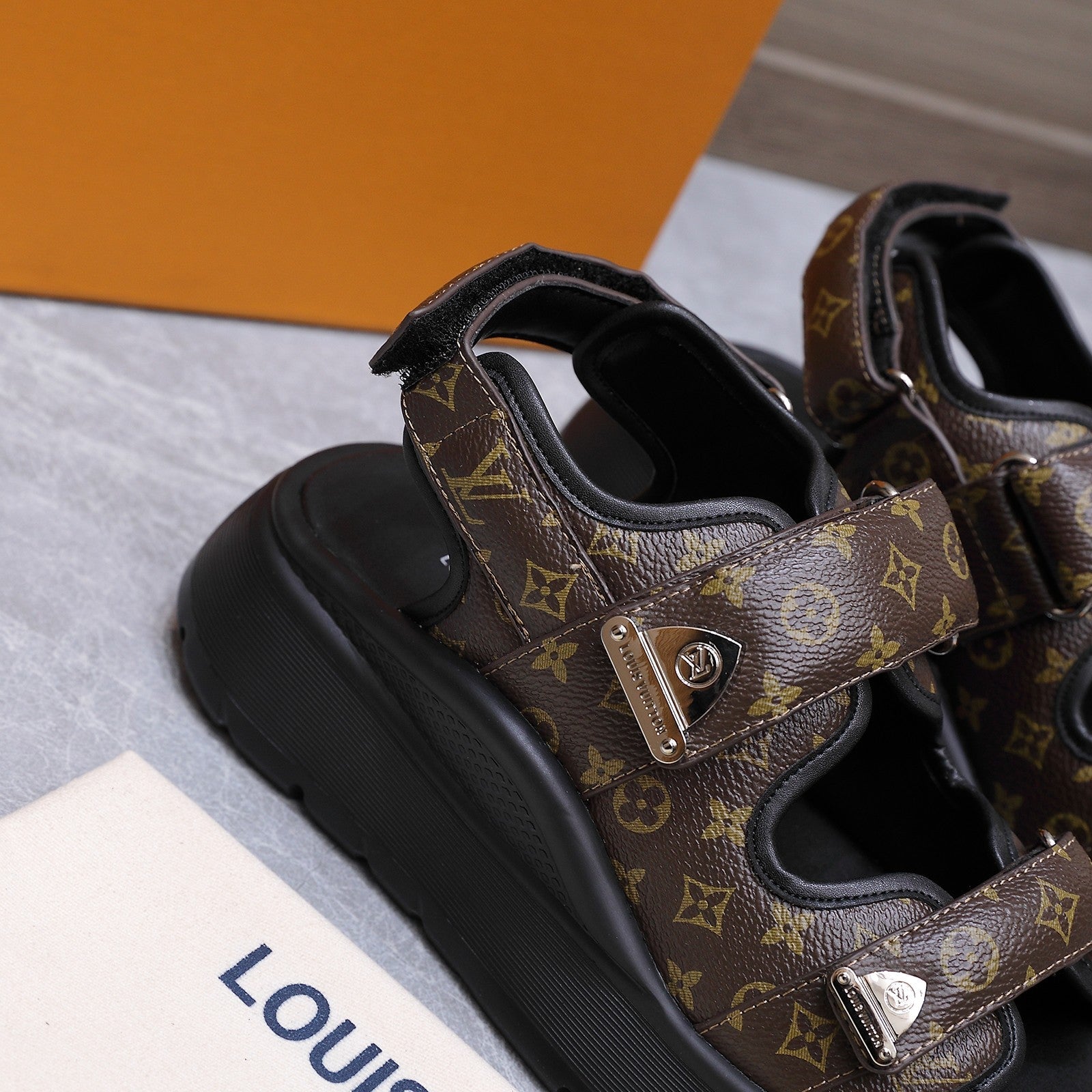 LV 26S CHAMELEON SANDALS 60MM IN DARK BROWN MONOGRAM COATED CALFSKIN AND EVA