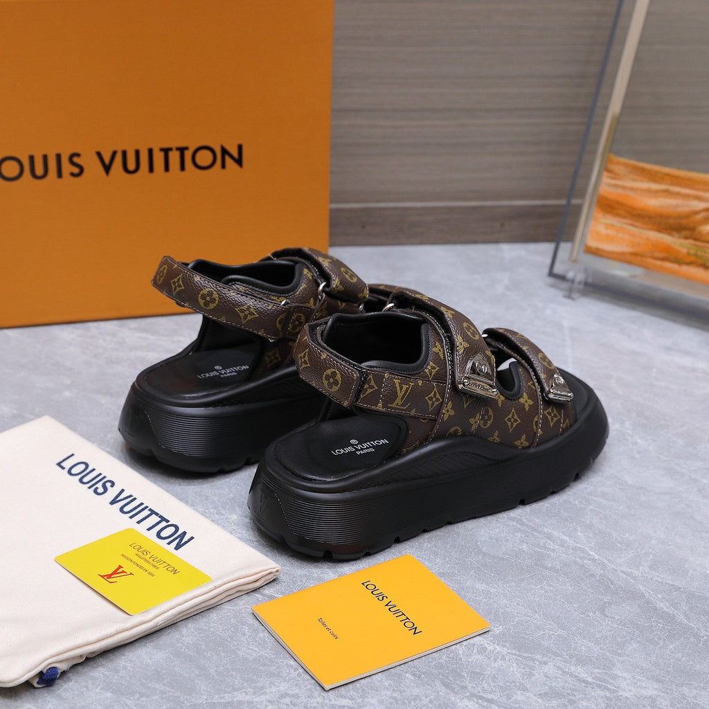 LV 26S CHAMELEON SANDALS 60MM IN DARK BROWN MONOGRAM COATED CALFSKIN AND EVA