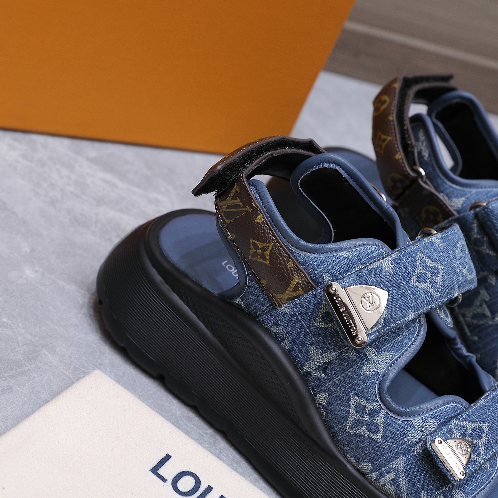 LV 26S CHAMELEON SANDALS 60MM IN BLUE MONOGRAM COATED DENIM AND EVA