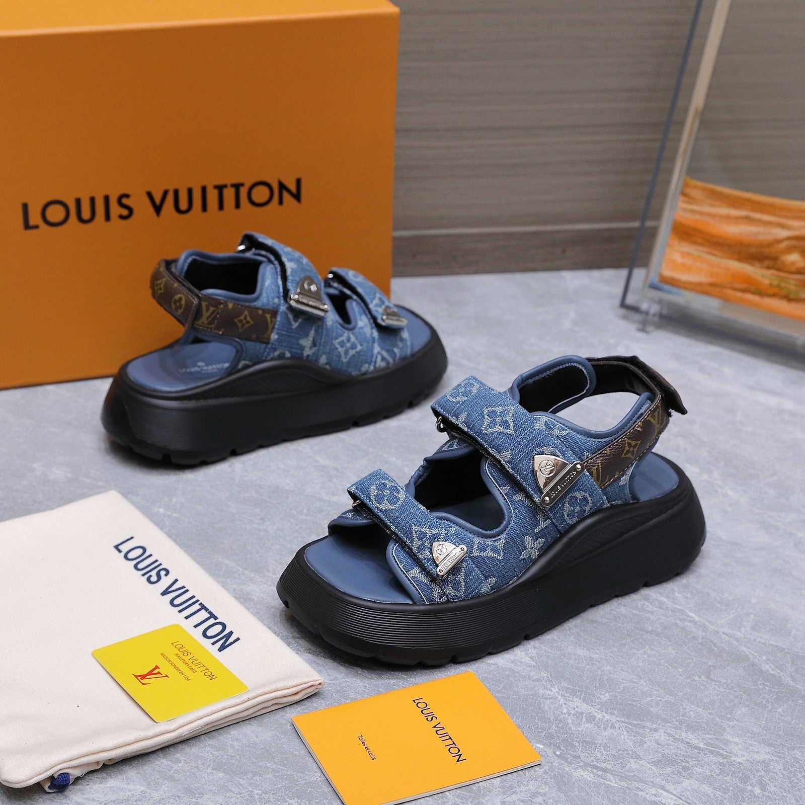 LV 26S CHAMELEON SANDALS 60MM IN BLUE MONOGRAM COATED DENIM AND EVA