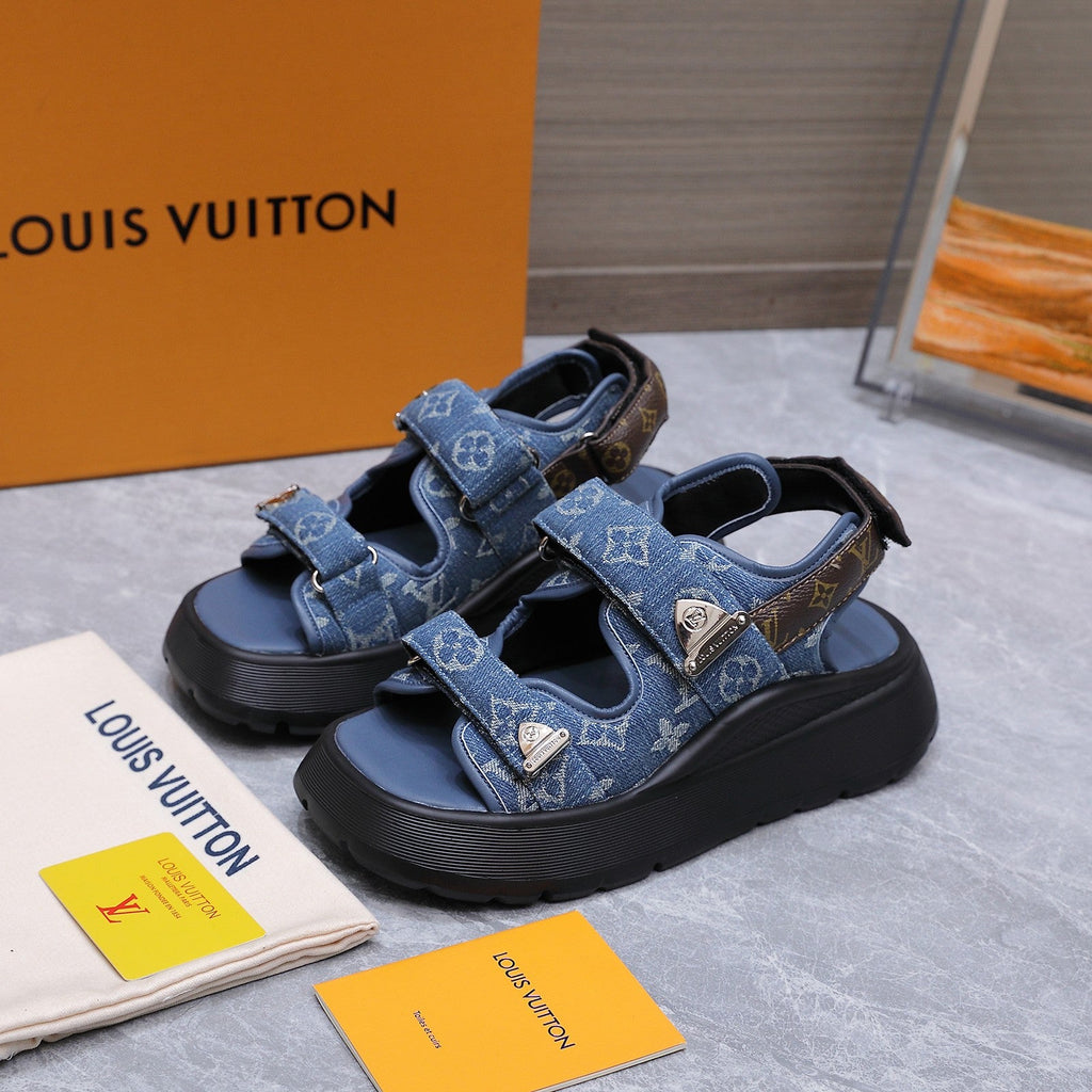 LV 26S CHAMELEON SANDALS 60MM IN BLUE MONOGRAM COATED DENIM AND EVA