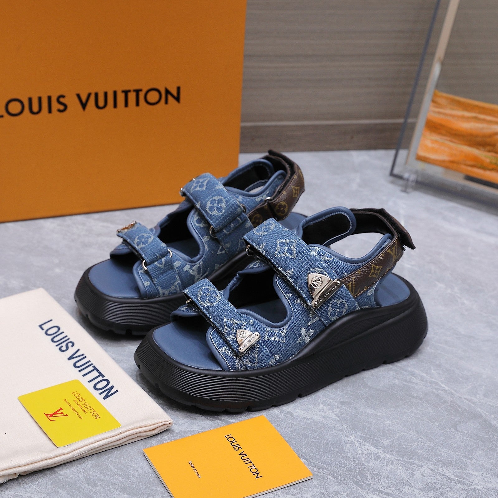 LV 26S CHAMELEON SANDALS 60MM IN BLUE MONOGRAM COATED DENIM AND EVA