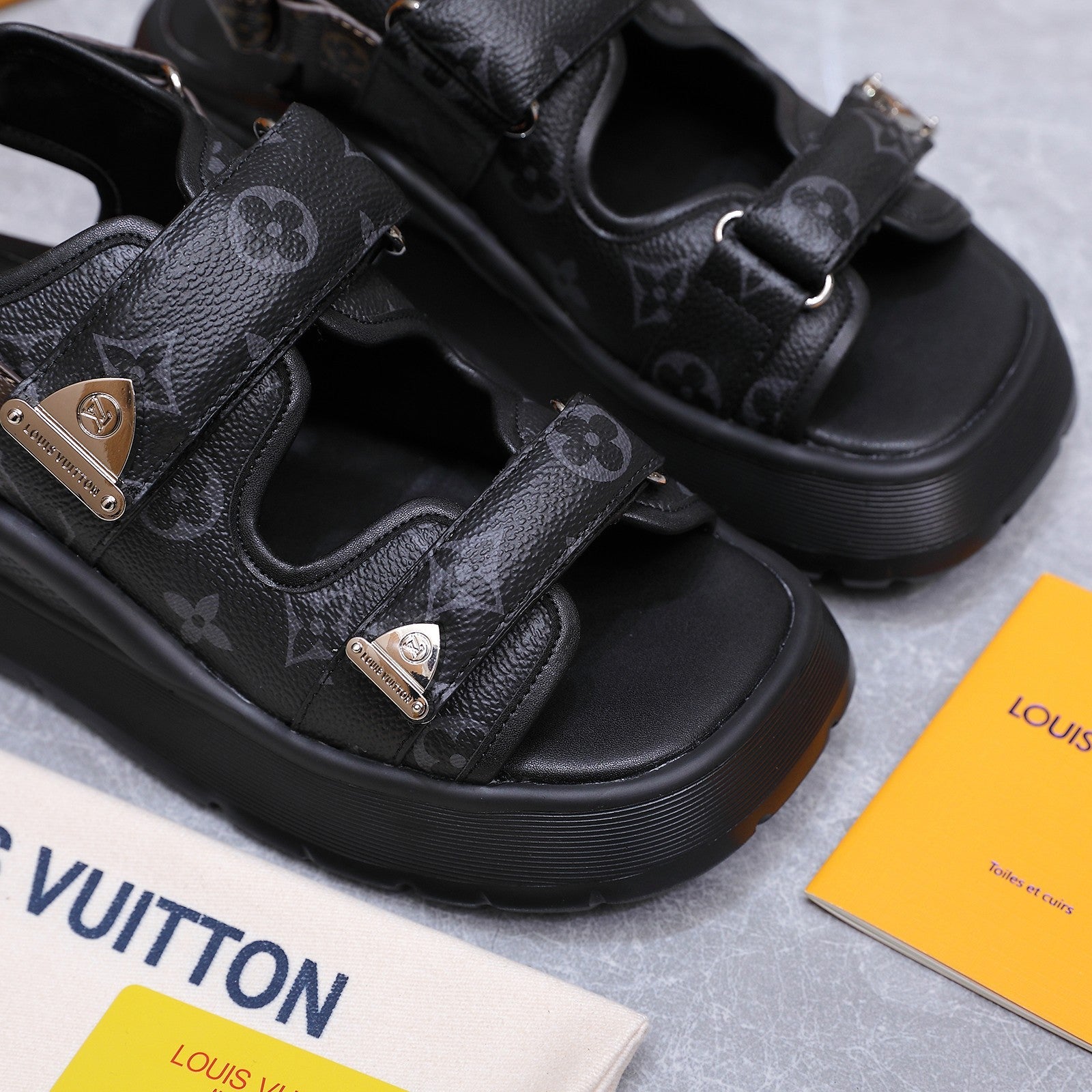 LV 26S CHAMELEON SANDALS 60MM IN BLACK MONOGRAM COATED CALFSKIN AND EVA
