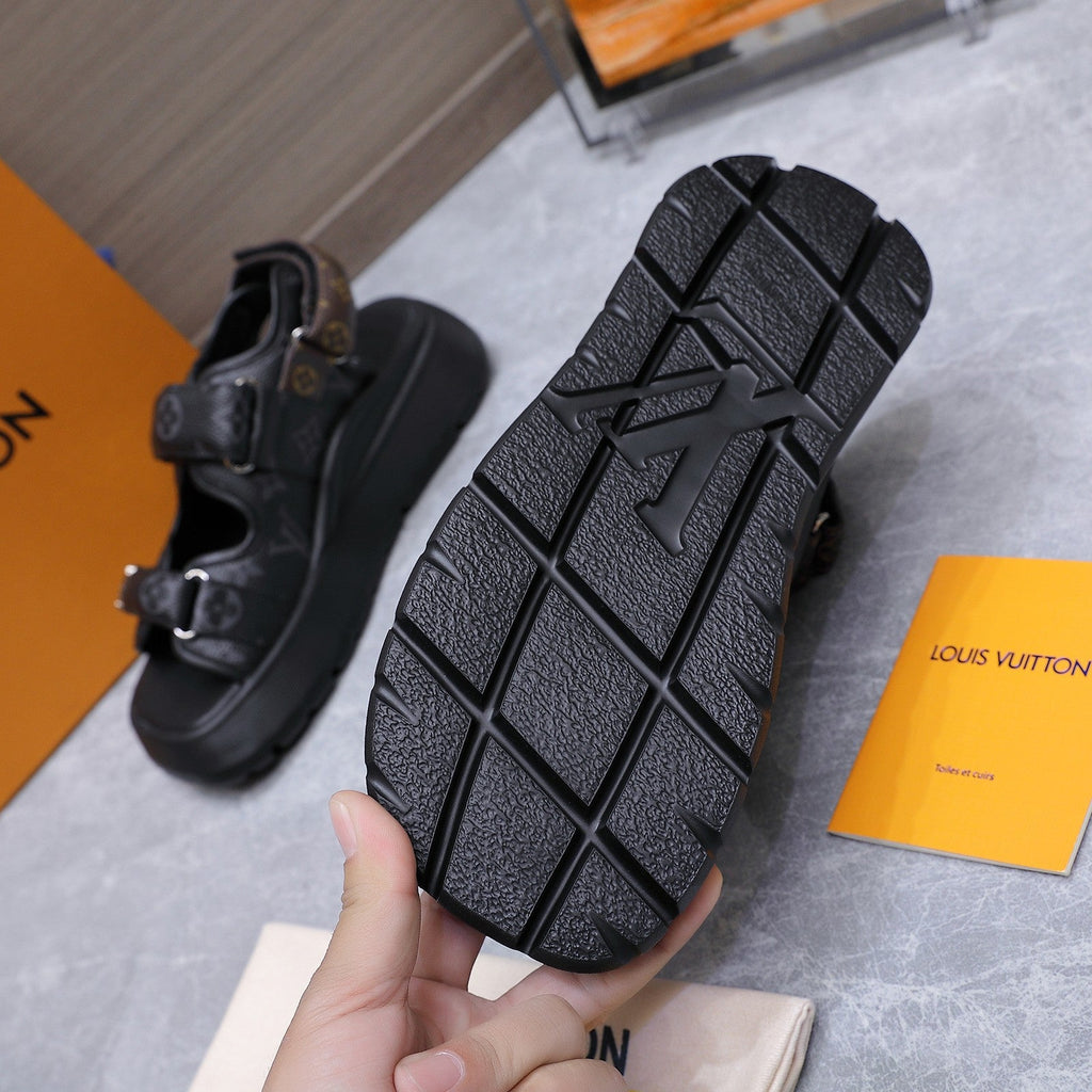 LV 26S CHAMELEON SANDALS 60MM IN BLACK MONOGRAM COATED CALFSKIN AND EVA