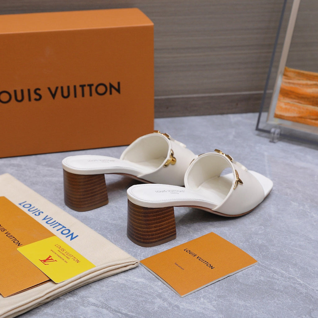 LV 26S BLOCK HEEL MULE SANDALS 55MM IN IVORY WHITE CALFSKIN GOLD HARDWARE