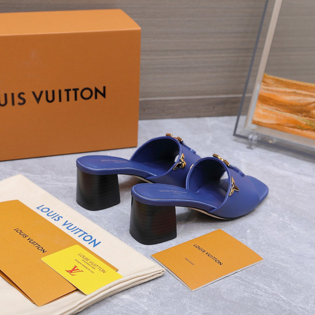 LV 26S BLOCK HEEL MULE SANDALS 55MM IN DARK BLUE CALFSKIN GOLD HARDWARE