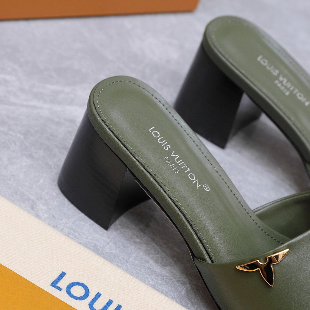 LV 26S BLOCK HEEL MULE SANDALS 55MM IN OLIVE GREEN CALFSKIN GOLD HARDWARE