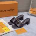 LV 26S BLOCK HEEL MULE SANDALS 55MM IN DARK BROWN CALFSKIN GOLD HARDWARE