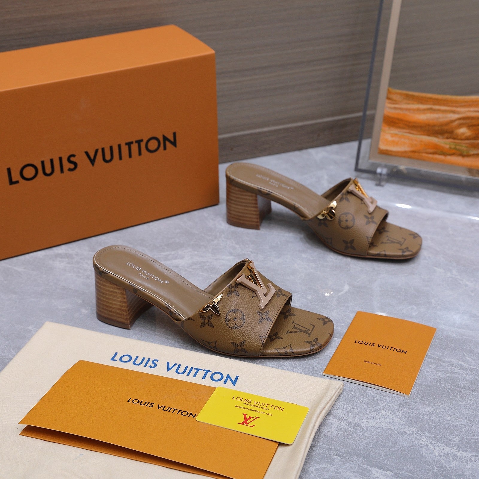 LV 26S BLOCK HEEL MULE SANDALS 55MM IN BROWN MONOGRAM CALFSKIN GOLD HARDWARE