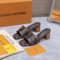 LV 26S BLOCK HEEL MULE SANDALS 55MM IN DARK BROWN MONOGRAM CALFSKIN GOLD HARDWARE