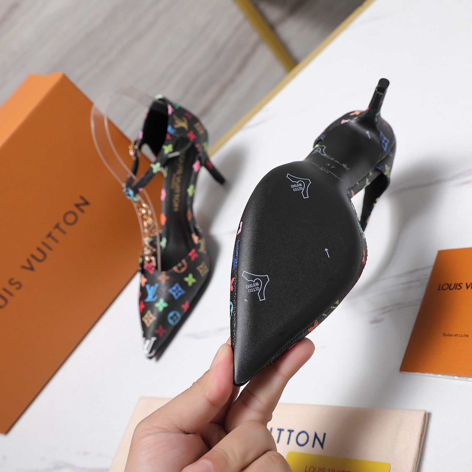 LV 26S ELEGANT T-STRAP HEELS 65MM IN BLACK MULTICOLOR MONOGRAM CALFSKIN GOLD HARDWARE