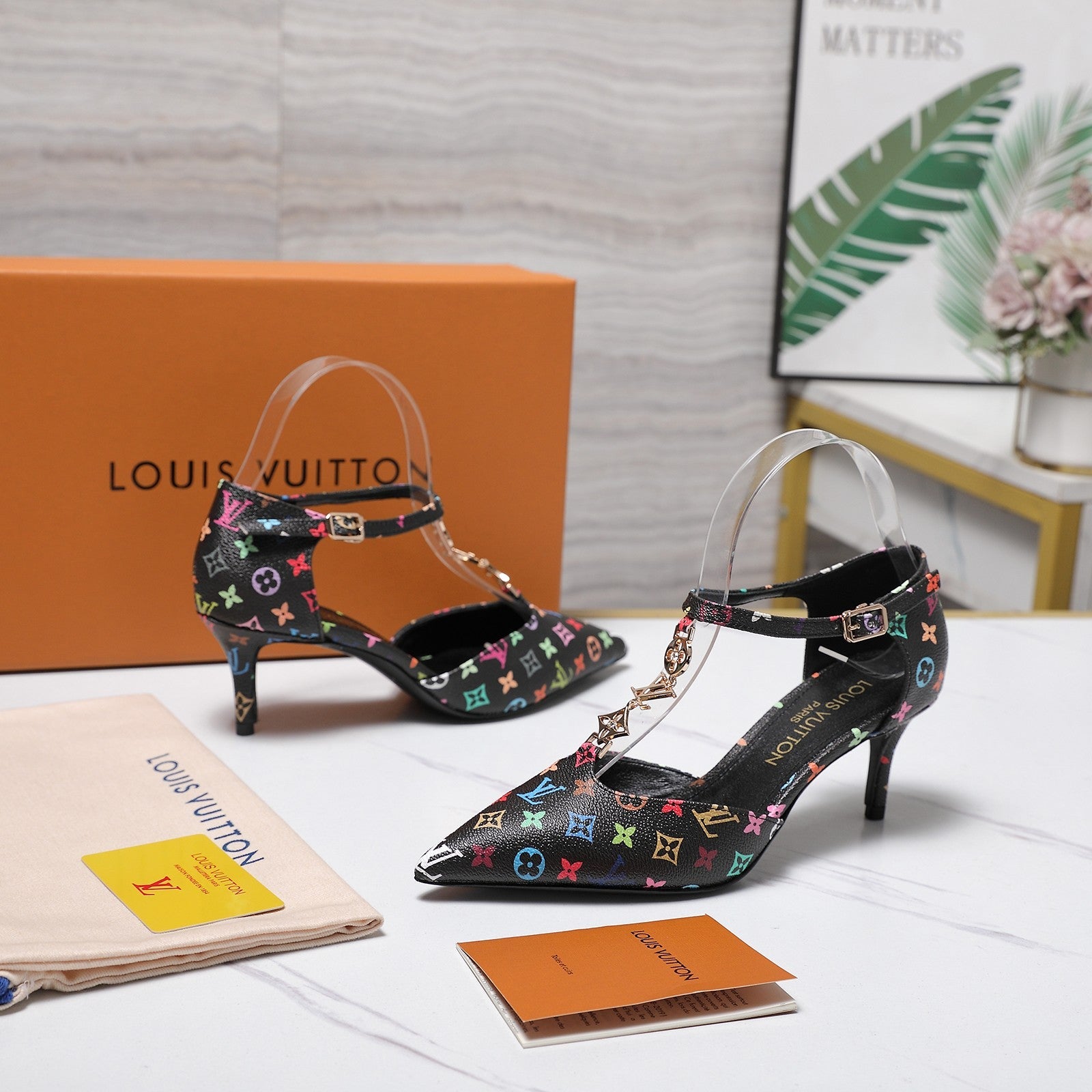 LV 26S ELEGANT T-STRAP HEELS 65MM IN BLACK MULTICOLOR MONOGRAM CALFSKIN GOLD HARDWARE