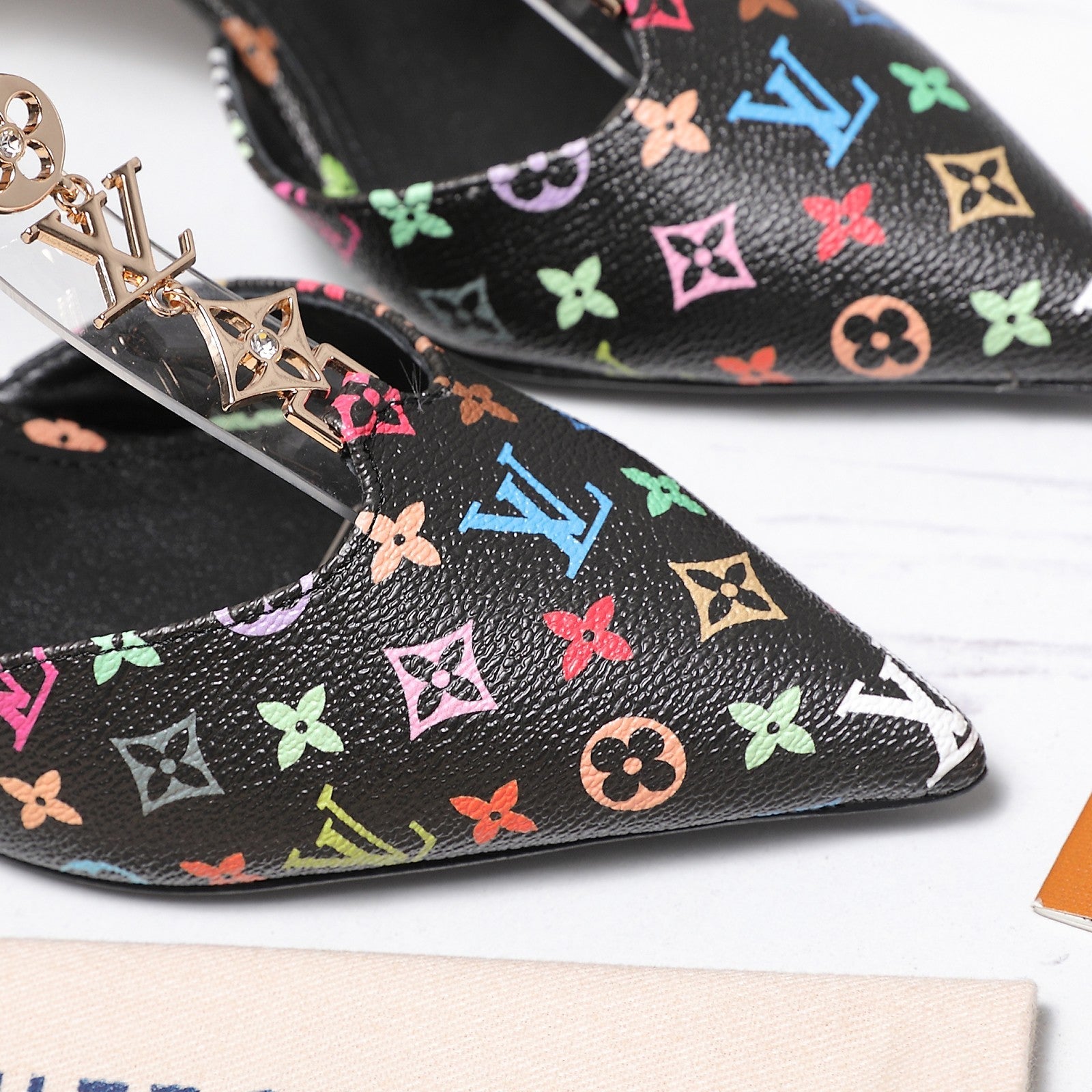 LV 26S ELEGANT T-STRAP HEELS 65MM IN BLACK MULTICOLOR MONOGRAM CALFSKIN GOLD HARDWARE