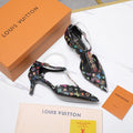 LV 26S ELEGANT T-STRAP HEELS 65MM IN BLACK MULTICOLOR MONOGRAM CALFSKIN GOLD HARDWARE
